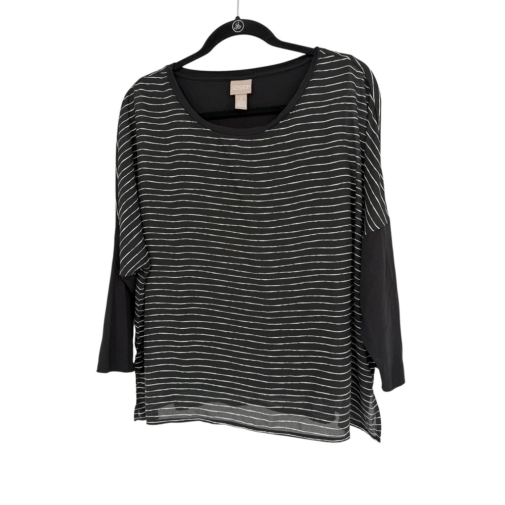 Chicos Striped Mixed Media‎ Top Black White 3/4 Sleeve Size 2 L Large Womens